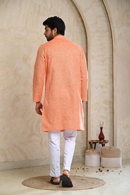 Saffron Self Design Kurta & White Pajamas