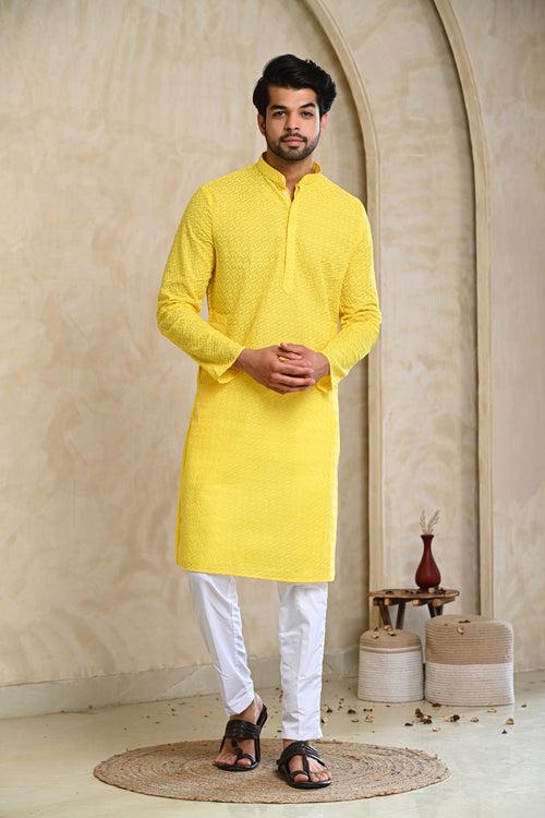 Yellow Embroidery Kurta & White Pajamas