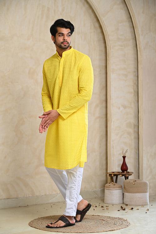Yellow Embroidery Kurta & White Pajamas