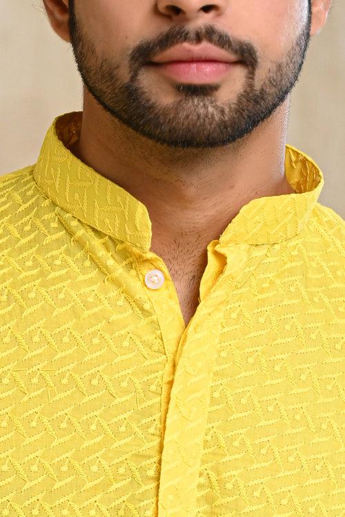 Yellow Embroidery Kurta & White Pajamas