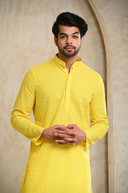 Yellow Embroidery Kurta & White Pajamas