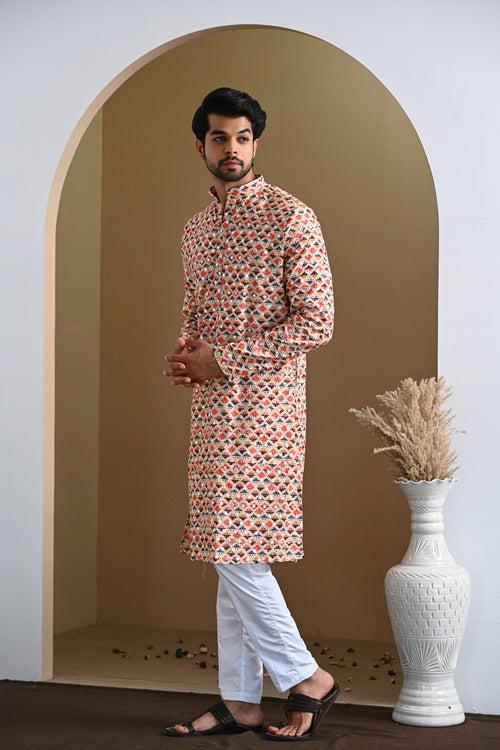 Cream MultiColor Glitter Kurta & White Pajamas