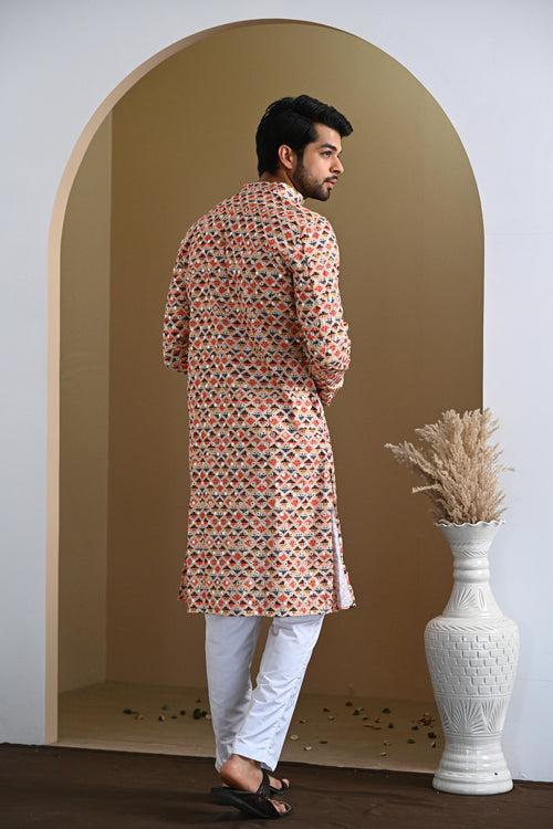 Cream MultiColor Glitter Kurta & White Pajamas