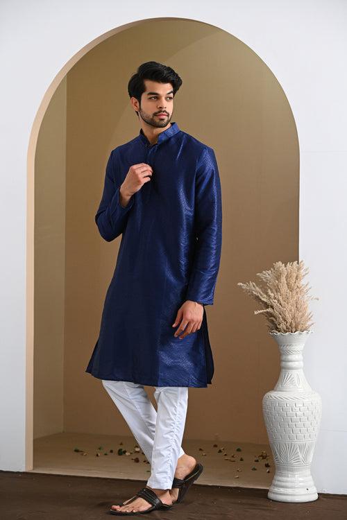 Blue Self Design Kurta & White Pajamas