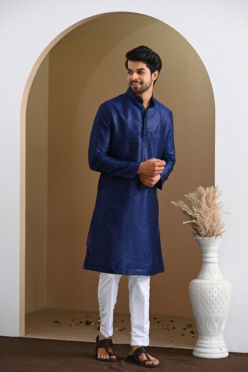 Blue Self Design Kurta & White Pajamas