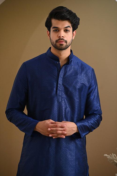 Blue Self Design Kurta & White Pajamas