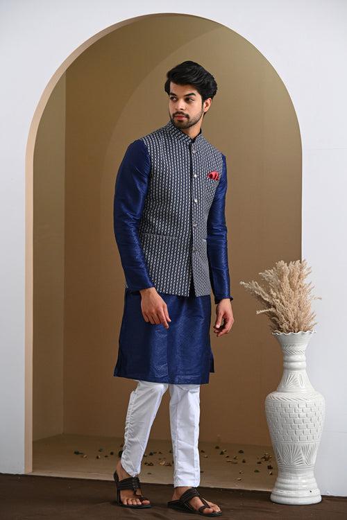 Navy Blue Ring Self Printed Premium Nehru Jacket