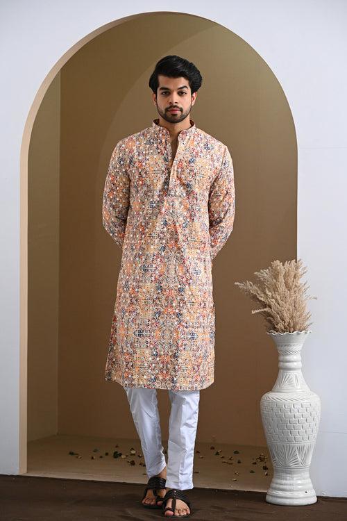 Cream Merged Multi Color Glitter Design Kurta & White Pajamas