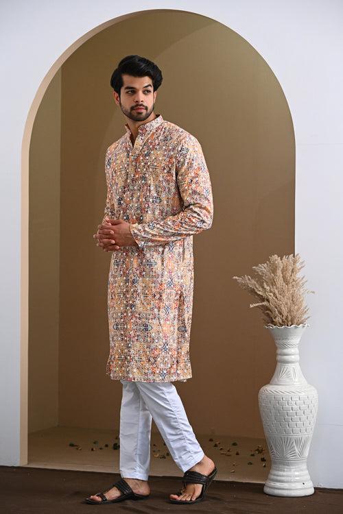 Cream Merged Multi Color Glitter Design Kurta & White Pajamas