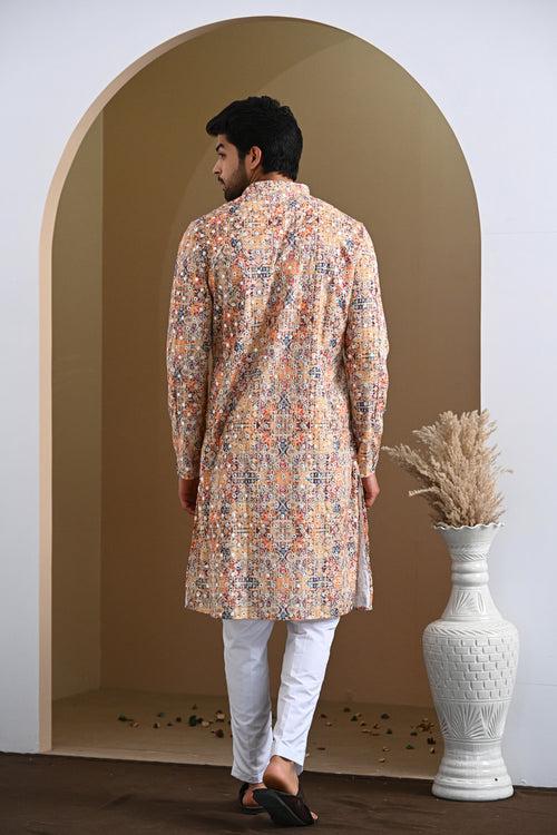 Cream Merged Multi Color Glitter Design Kurta & White Pajamas