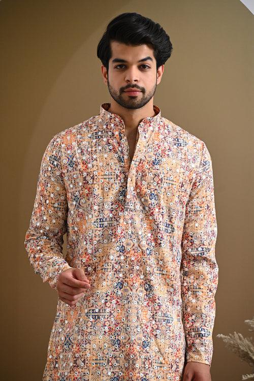 Cream Merged Multi Color Glitter Design Kurta & White Pajamas