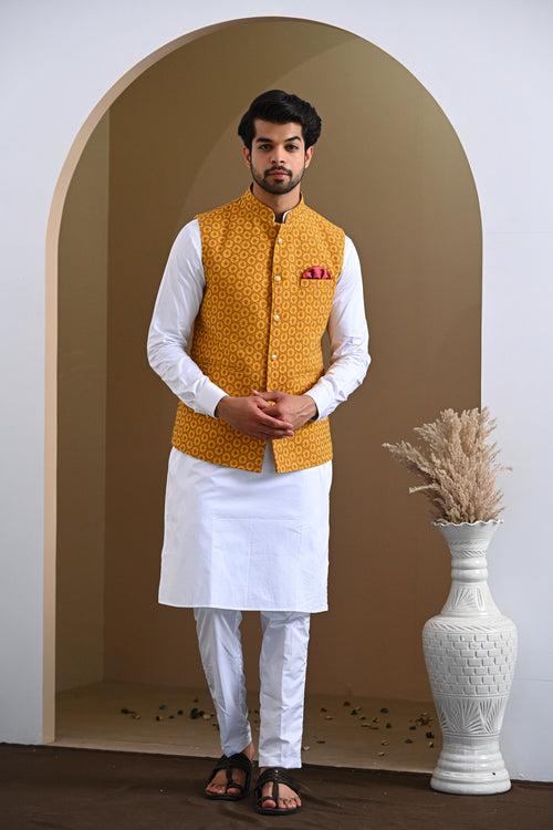 Mustard Pure Cotton Embroidery Nehru Jacket