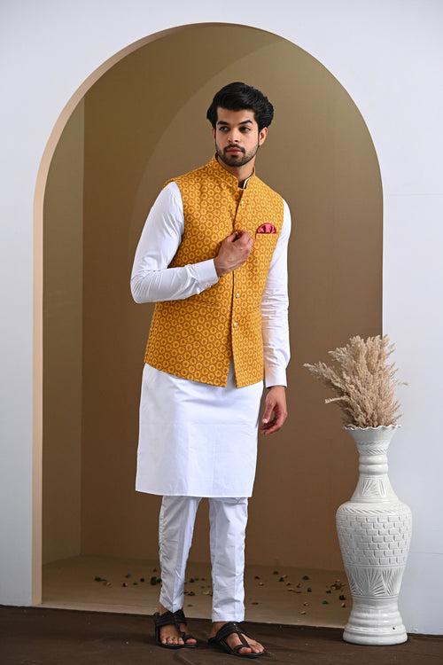 Mustard Pure Cotton Embroidery Nehru Jacket