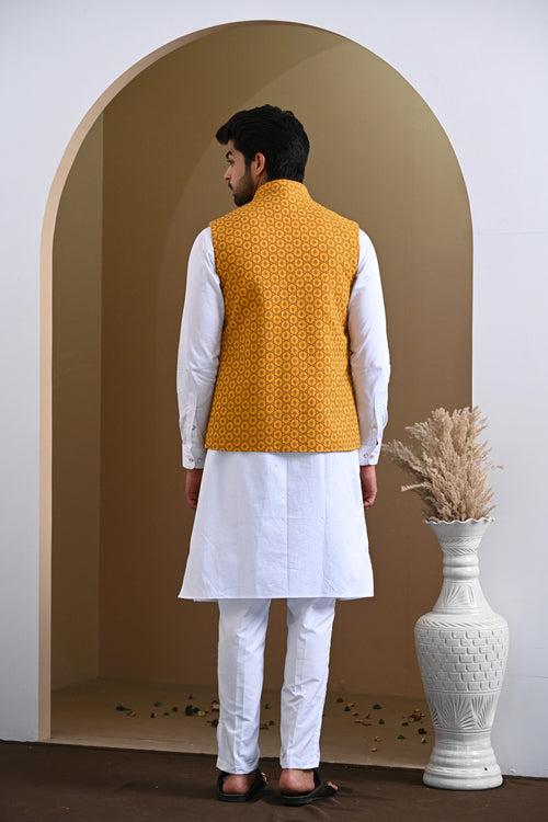 Mustard Pure Cotton Embroidery Nehru Jacket