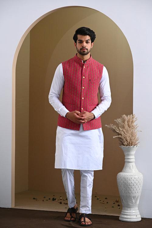 Rani Pink Pure Cotton Embroidery Nehru Jacket