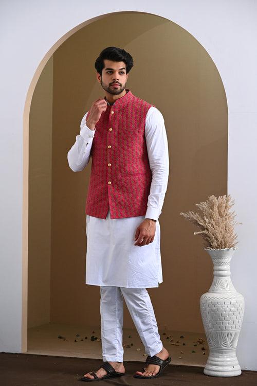 Rani Pink Pure Cotton Embroidery Nehru Jacket