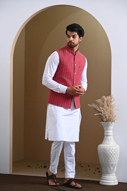 Rani Pink Pure Cotton Embroidery Nehru Jacket