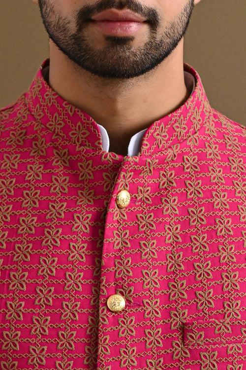 Rani Pink Pure Cotton Embroidery Nehru Jacket