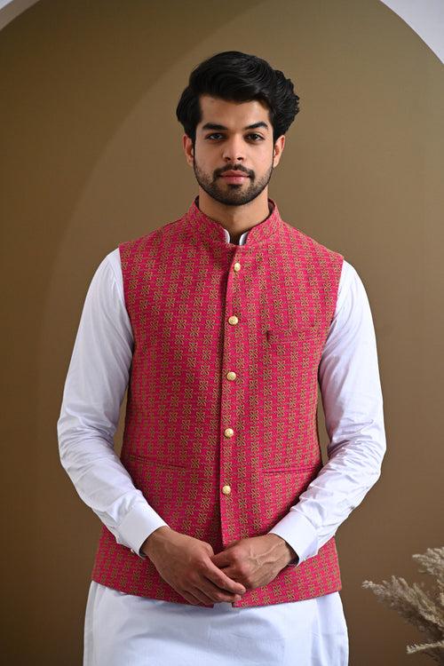 Rani Pink Pure Cotton Embroidery Nehru Jacket