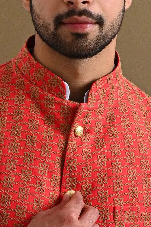 Orange Pure Cotton Embroidery Nehru Jacket