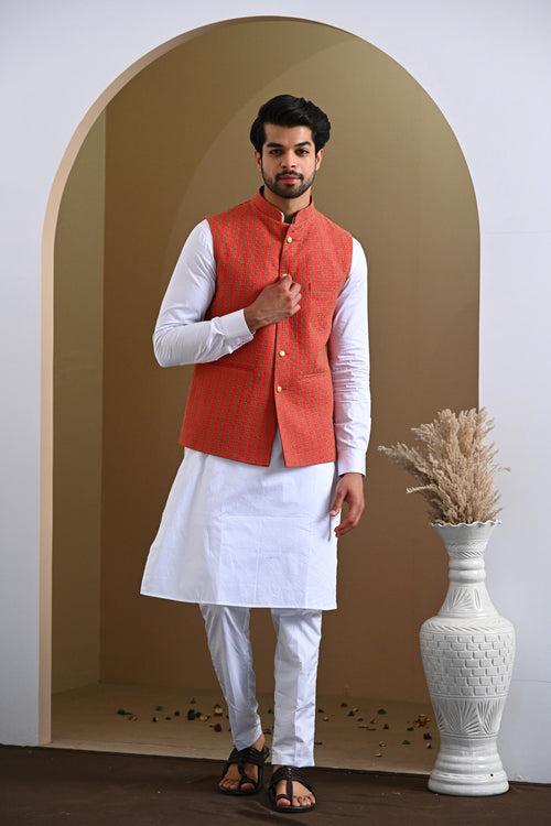 Orange Pure Cotton Embroidery Nehru Jacket