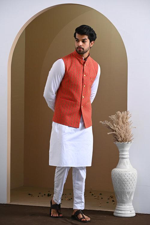 Orange Pure Cotton Embroidery Nehru Jacket