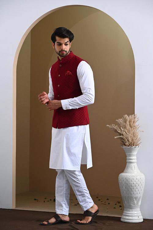 Maroon Glittering Embroidery Pure Cotton Nehru Jacket