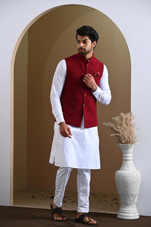 Maroon Glittering Embroidery Pure Cotton Nehru Jacket