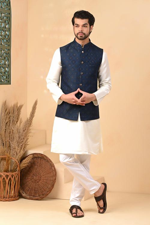 Navy Blue Self Diamond Nehru Jackets