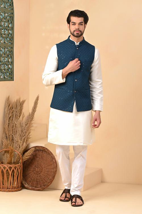 Rama Glittering Embroidery Pure Cotton Nehru Jacket