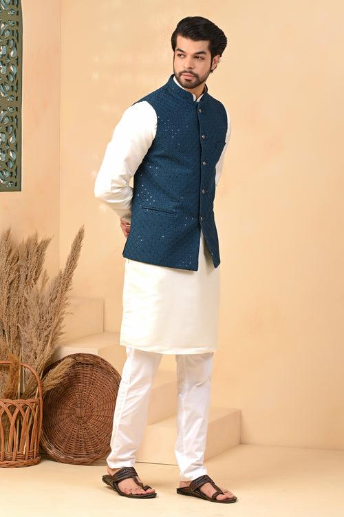 Rama Glittering Embroidery Pure Cotton Nehru Jacket