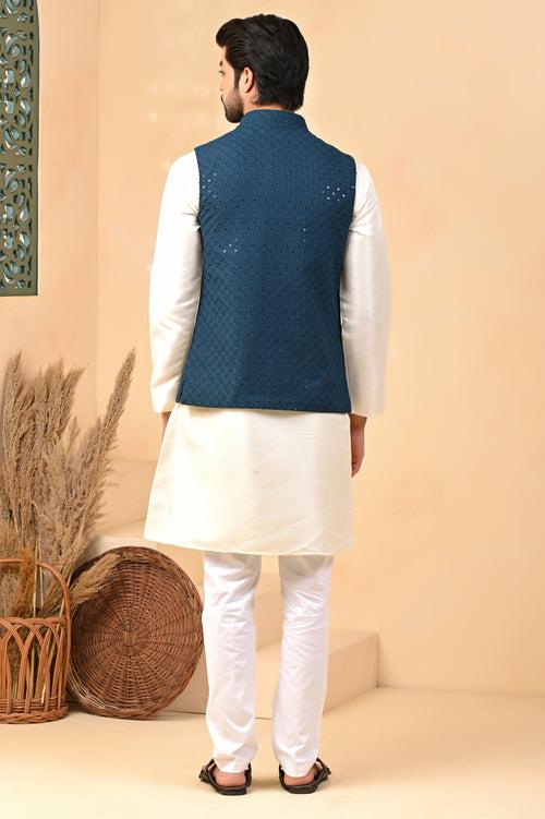 Rama Glittering Embroidery Pure Cotton Nehru Jacket
