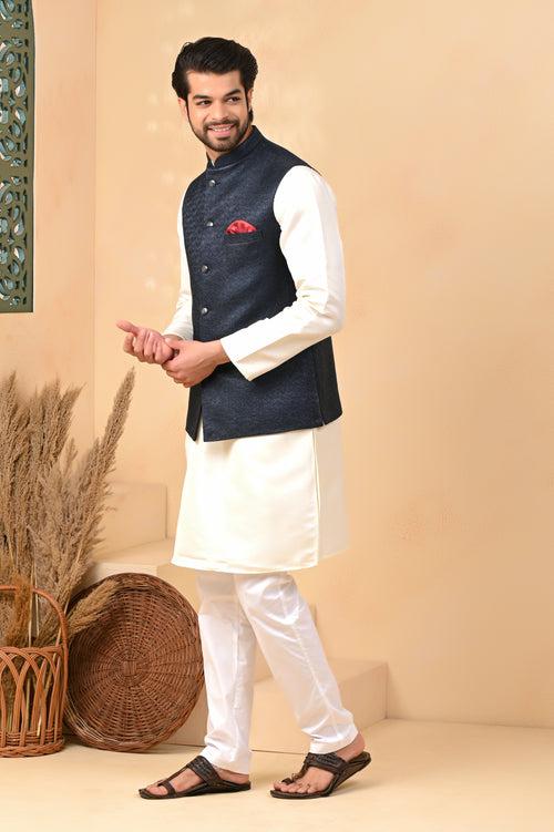 Navy Blue Self Circle Nehru Jackets