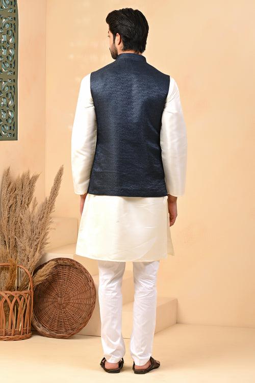 Navy Blue Self Circle Nehru Jackets