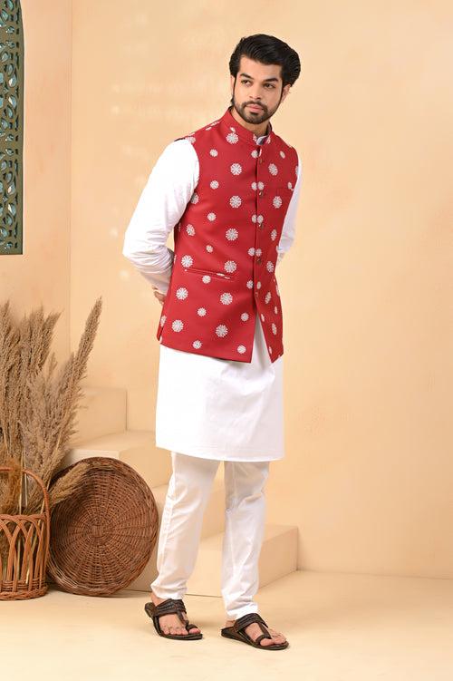 Red Self Circle Nehru Jackets