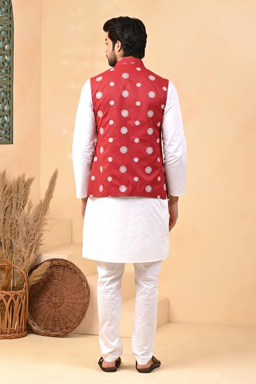 Red Self Circle Nehru Jackets