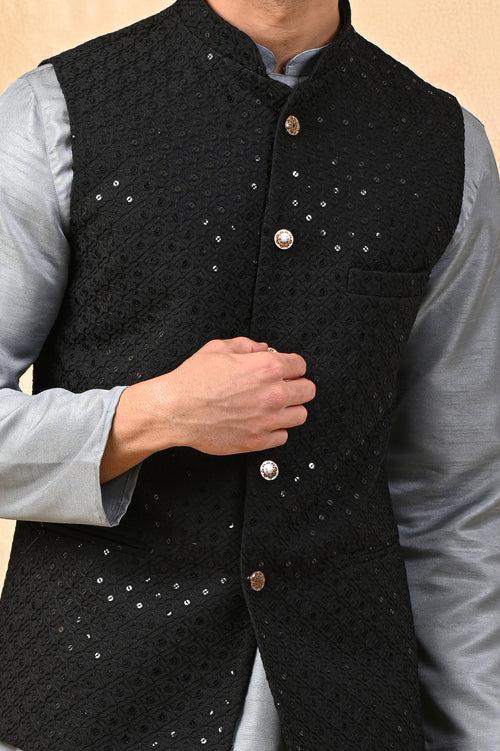 Black Glittering Embroidery Pure Cotton Nehru Jacket