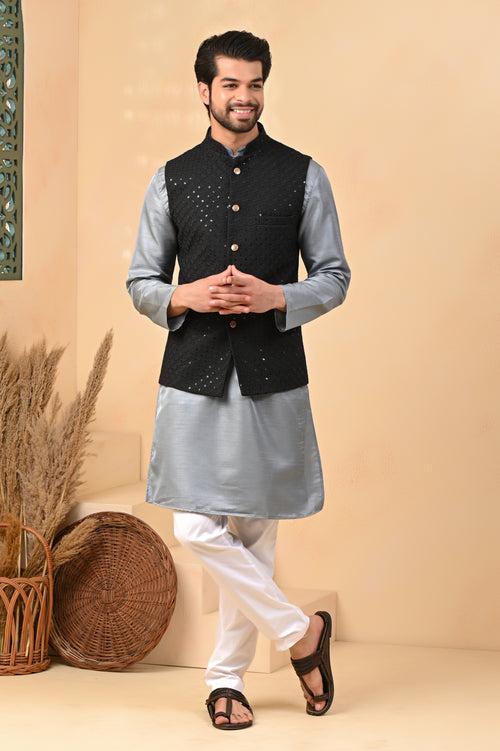 Black Glittering Embroidery Pure Cotton Nehru Jacket