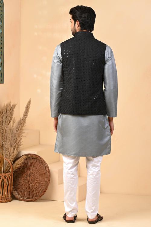 Black Glittering Embroidery Pure Cotton Nehru Jacket