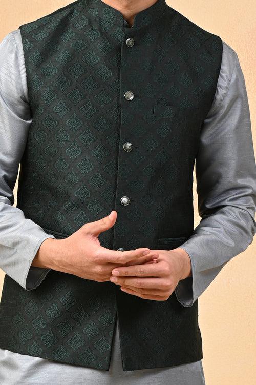 Dark Green Self Diamond Embroidery Nehru Jacket