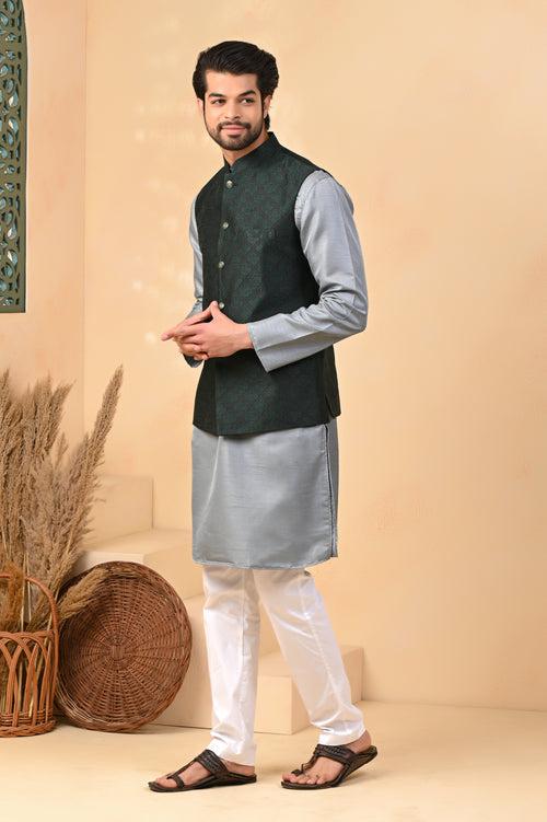 Dark Green Self Diamond Embroidery Nehru Jacket