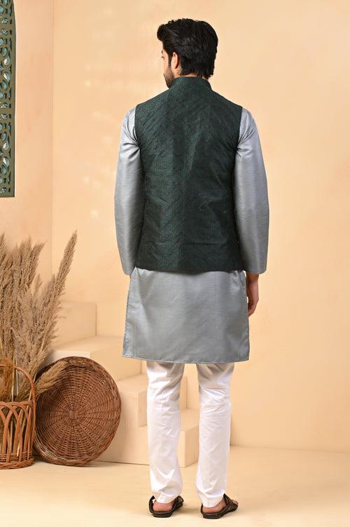 Dark Green Self Diamond Embroidery Nehru Jacket