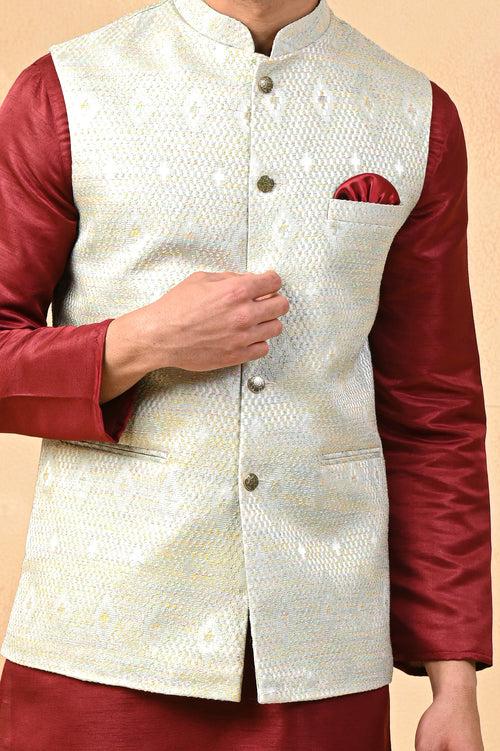 Cream Self Embroidery Nehru Jacket