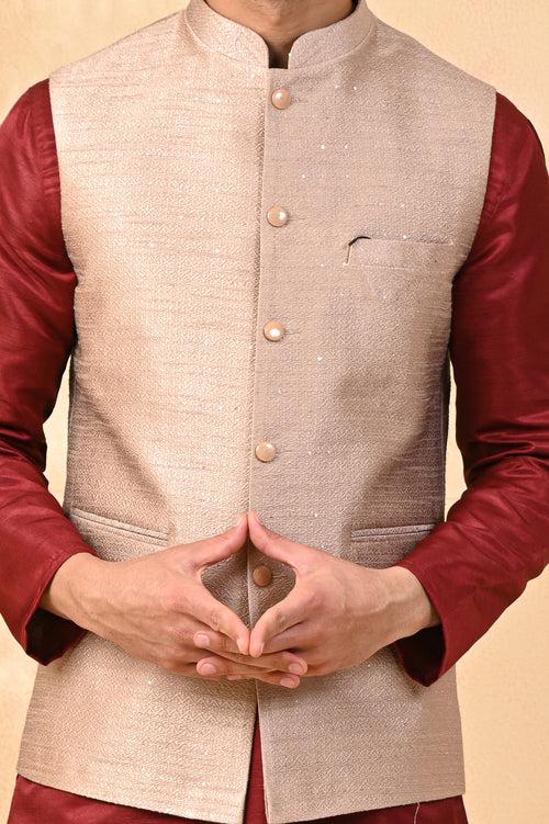 Light Brown Self Embroidery Small Sequence Nehru Jacket