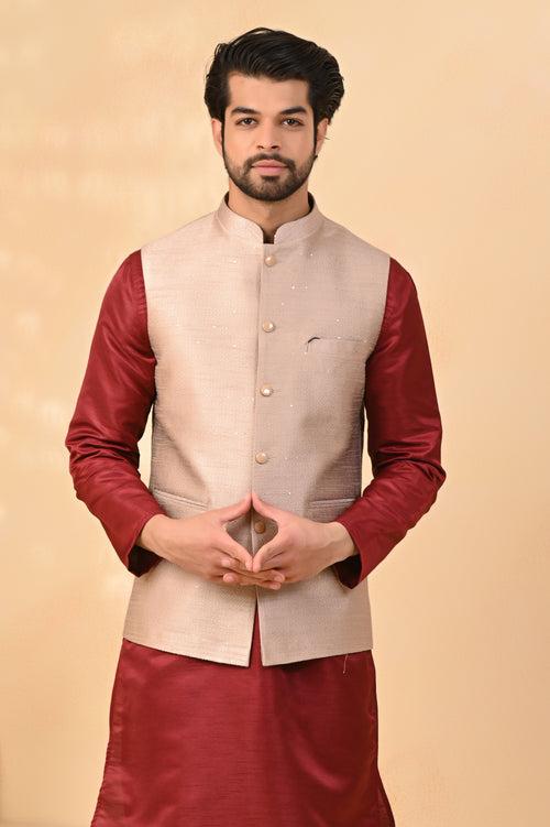 Light Brown Self Embroidery Small Sequence Nehru Jacket