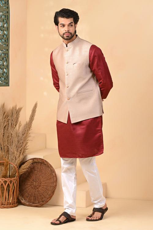 Light Brown Self Embroidery Small Sequence Nehru Jacket