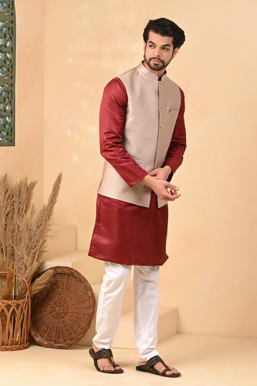Light Brown Self Embroidery Small Sequence Nehru Jacket
