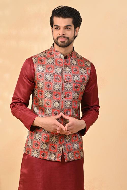 Maroon Traditional Printed 3D Effect Nehru Jacket