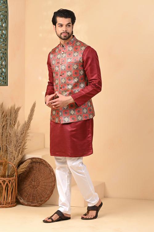 Maroon Traditional Printed 3D Effect Nehru Jacket