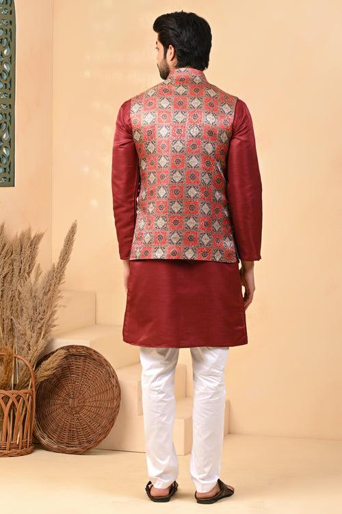 Maroon Traditional Printed 3D Effect Nehru Jacket